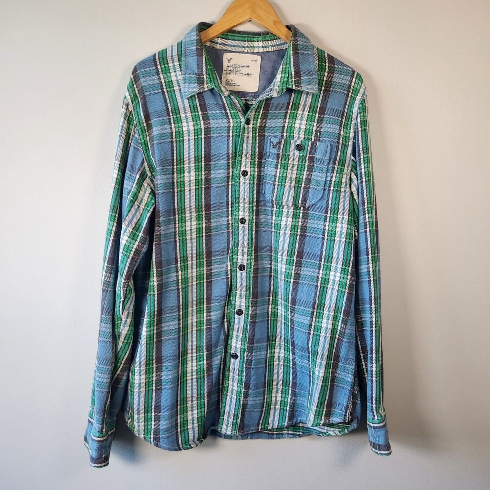 American Eagle Outfitters Flannel Shirt Men XL Blue Green Plaid Button Up Cotton